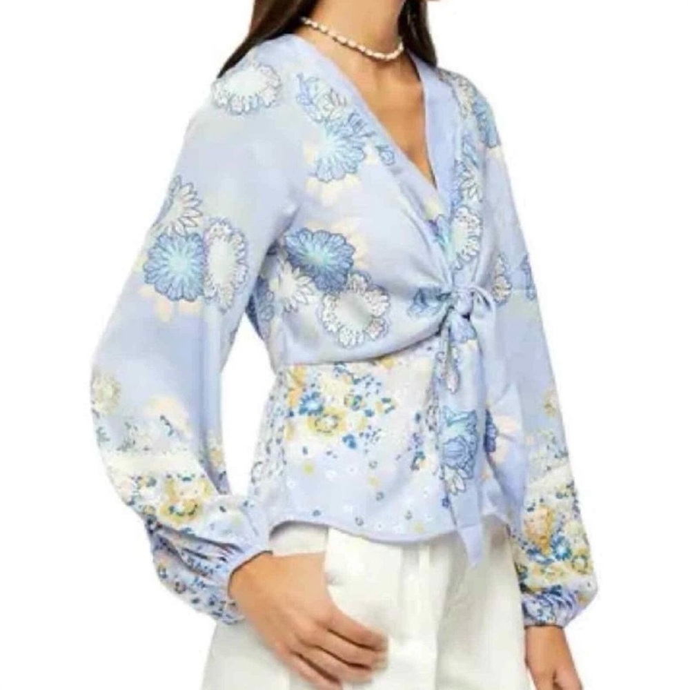 Free People “Run Free” Light Blue Floral Tie-Front Long-Sleeve Women's Top